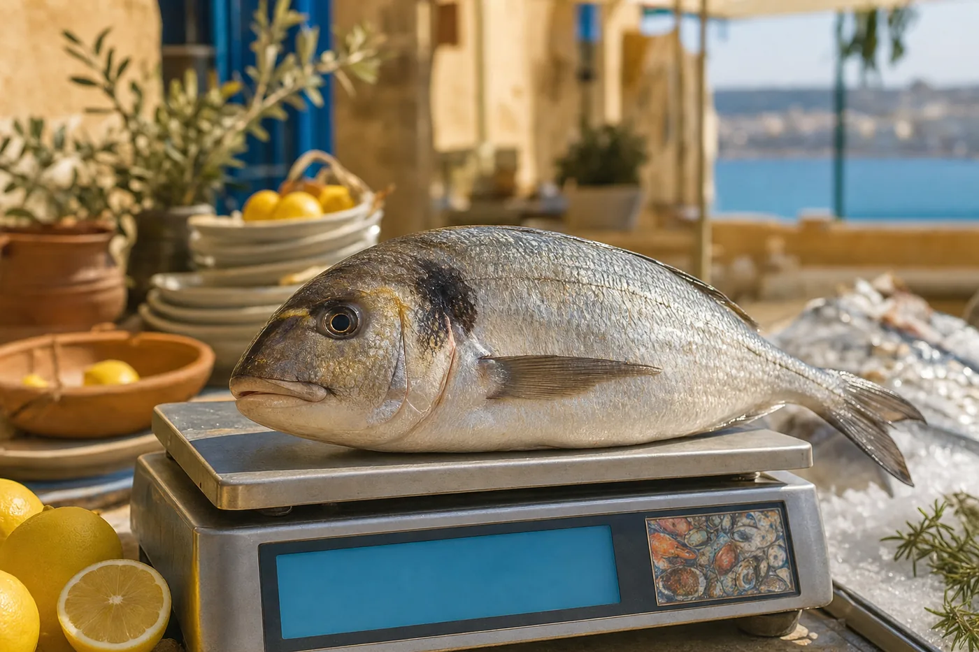 A whole sea bream on the counter's scale