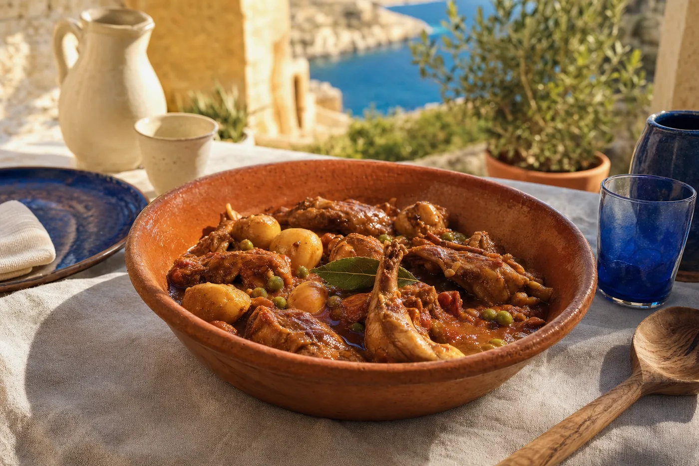Rabbit stewed in red wine with garlic, peas and potatoes