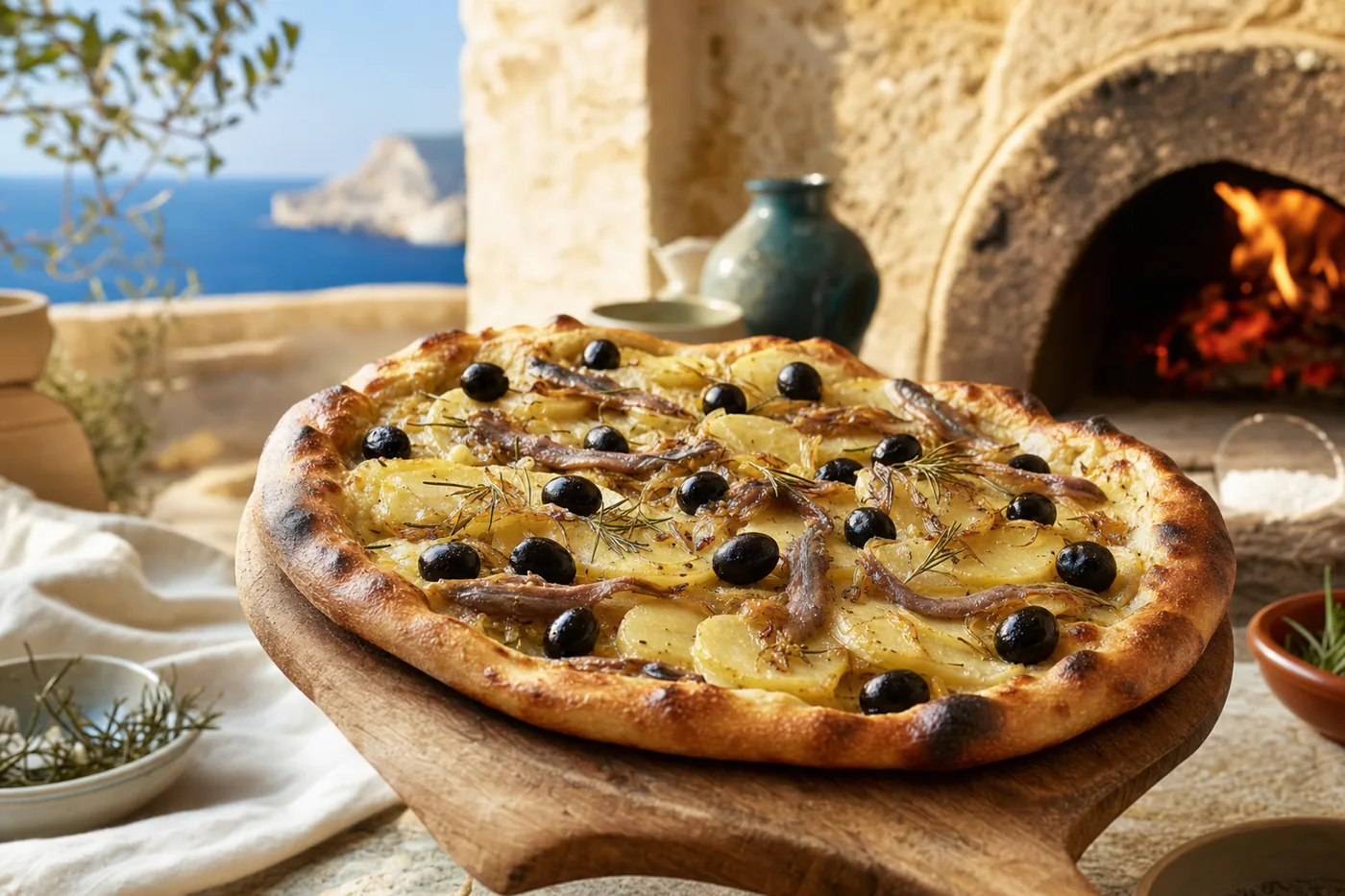 Gozo ftira from the wood oven with potato, anchovy and rosemary