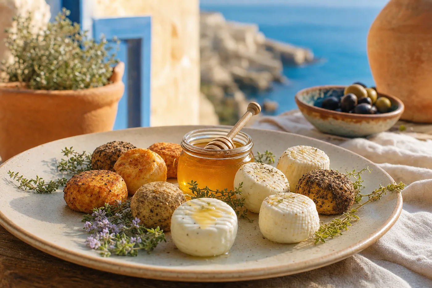 Fresh, sun-dried and peppered ġbejniet with thyme honey
