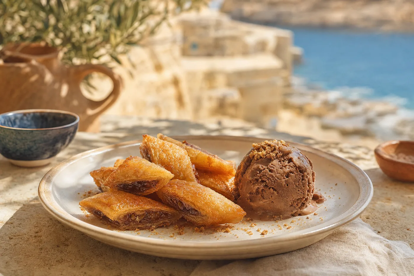 Warm date pastries with carob ice cream