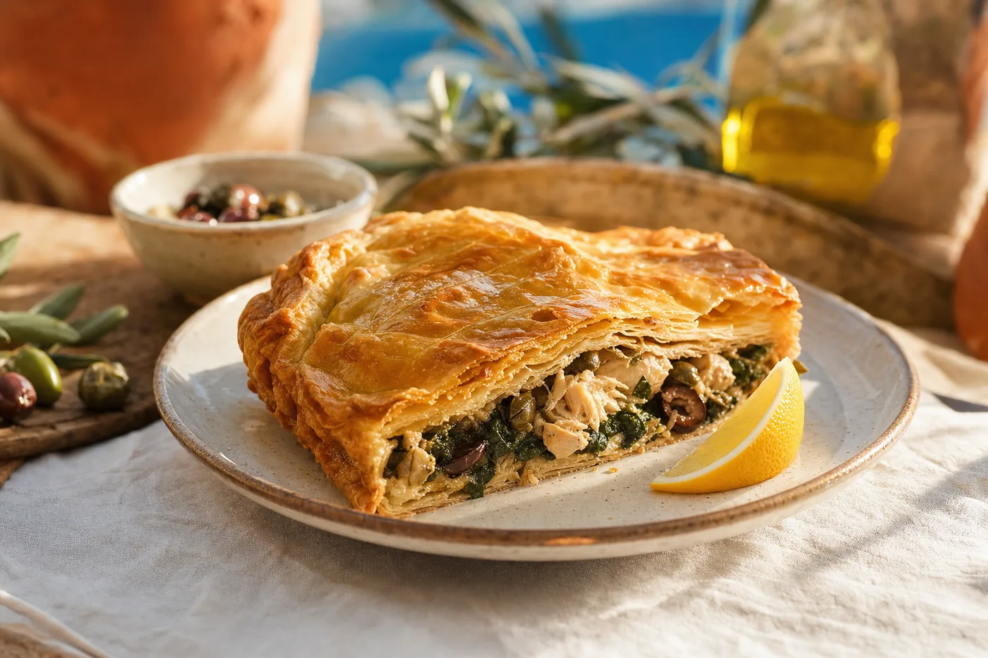 A slice of lampuki pie with spinach, olives and capers