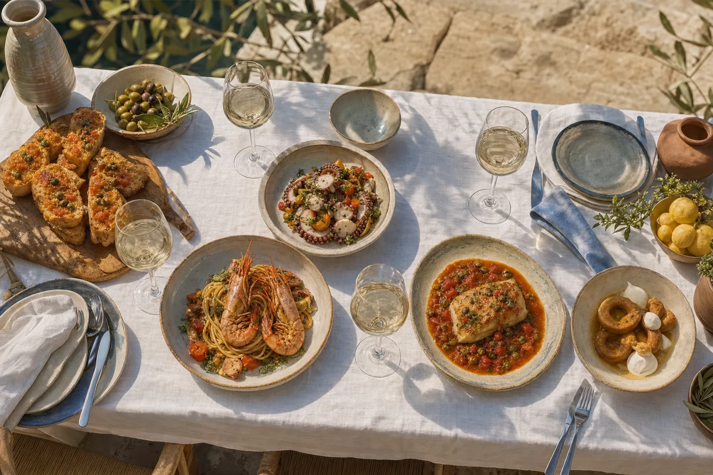 The five courses of the tasting menu on a long linen table
