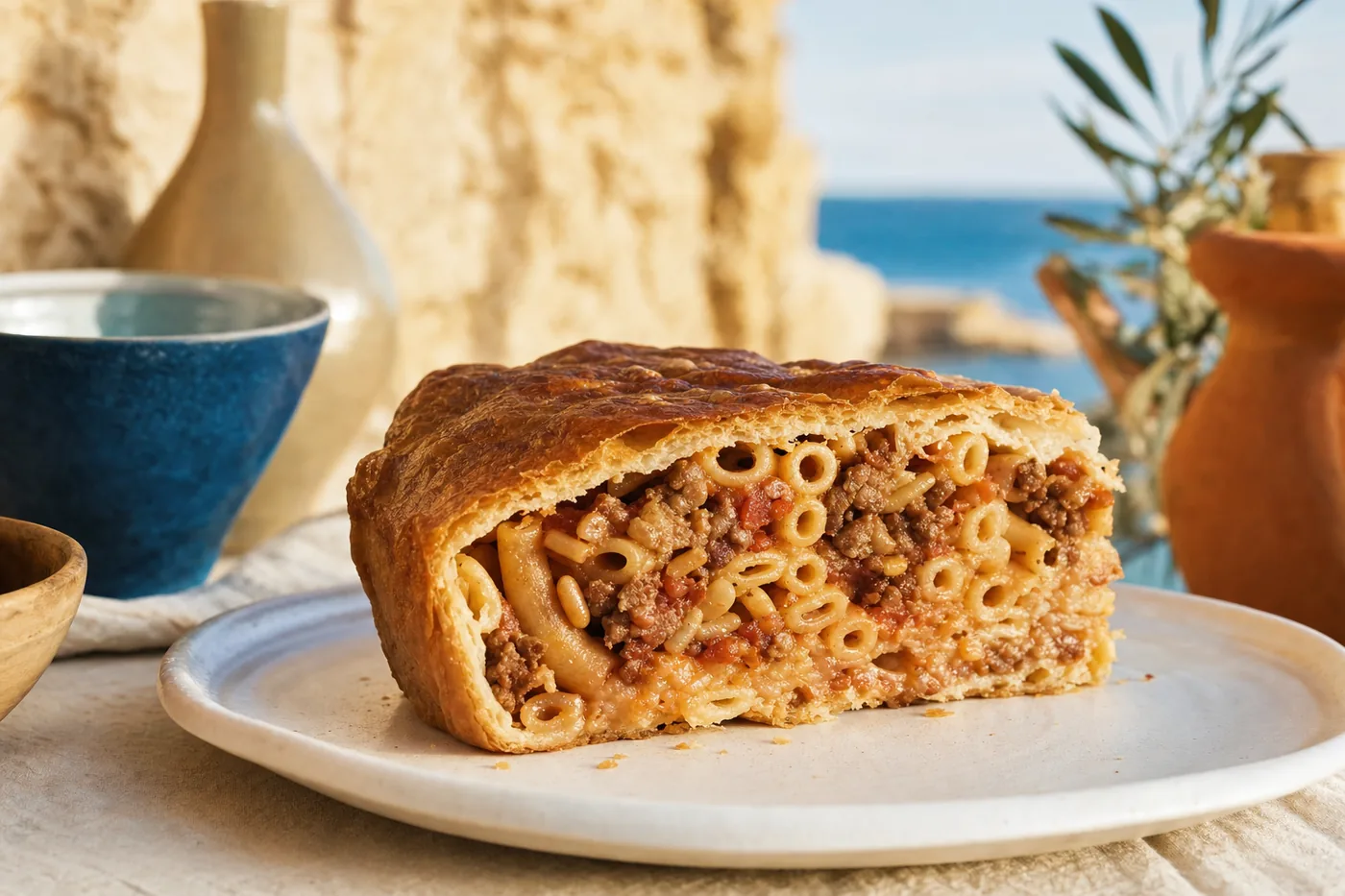A slice of timpana, baked macaroni in pastry