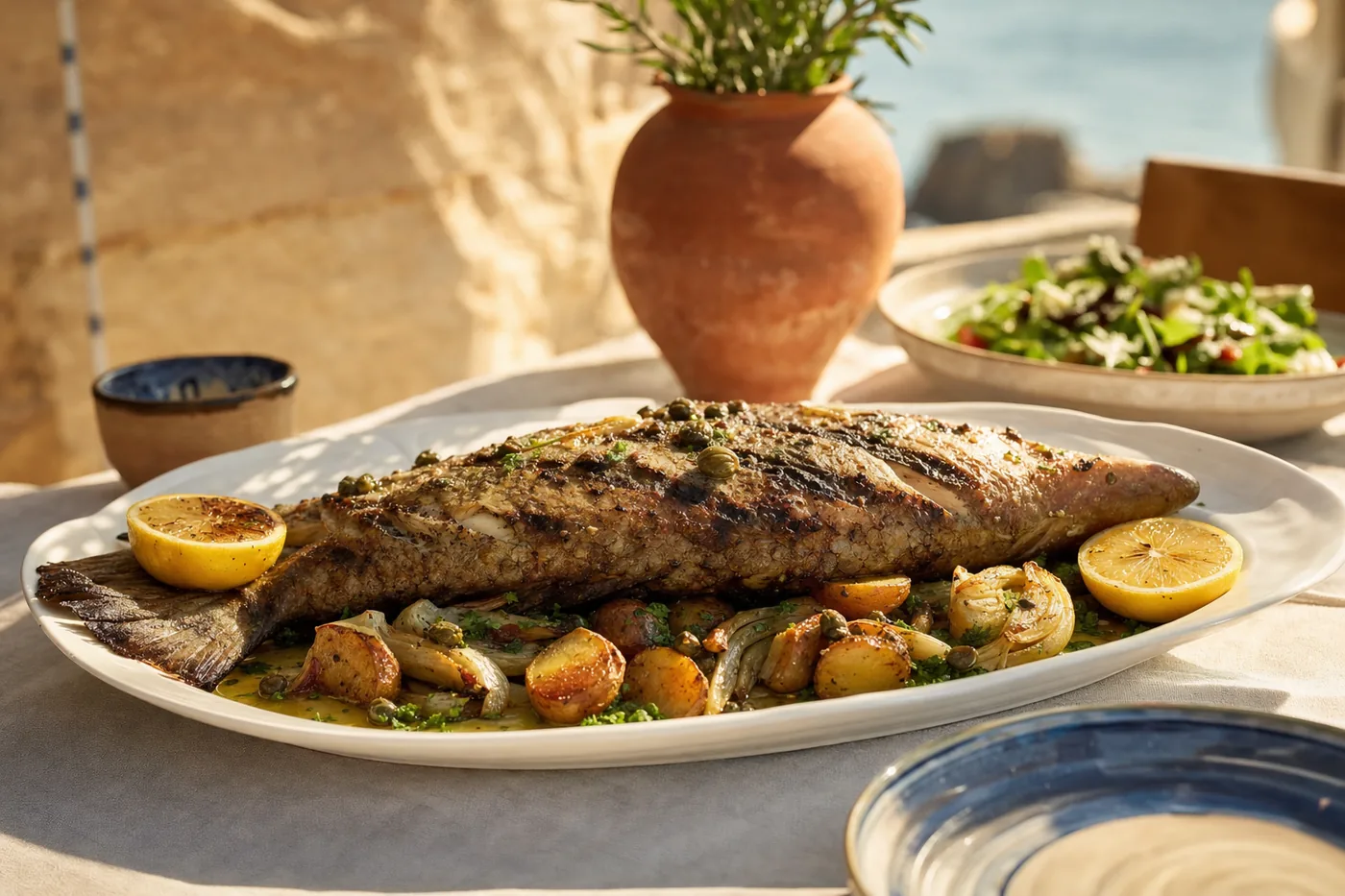 A whole grilled grouper with lemon, capers and potatoes
