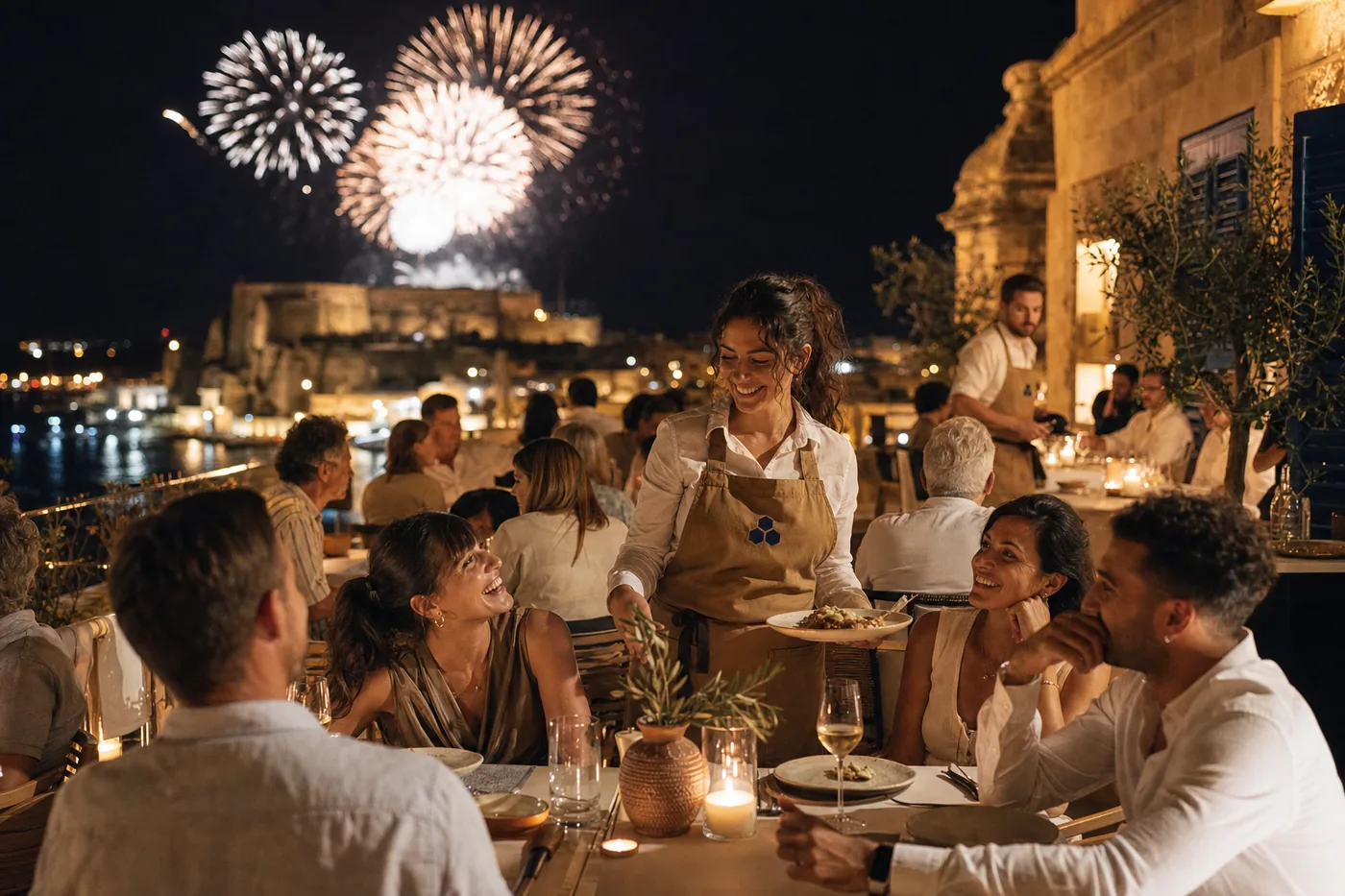 Dinner on the rooftop while fireworks burst over the harbour