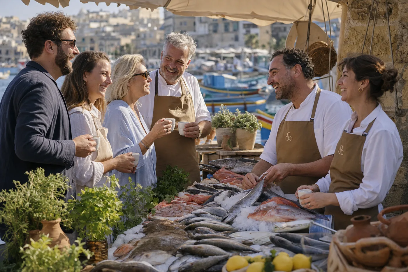 Guests with coffee at the Sunday fish market on the quay