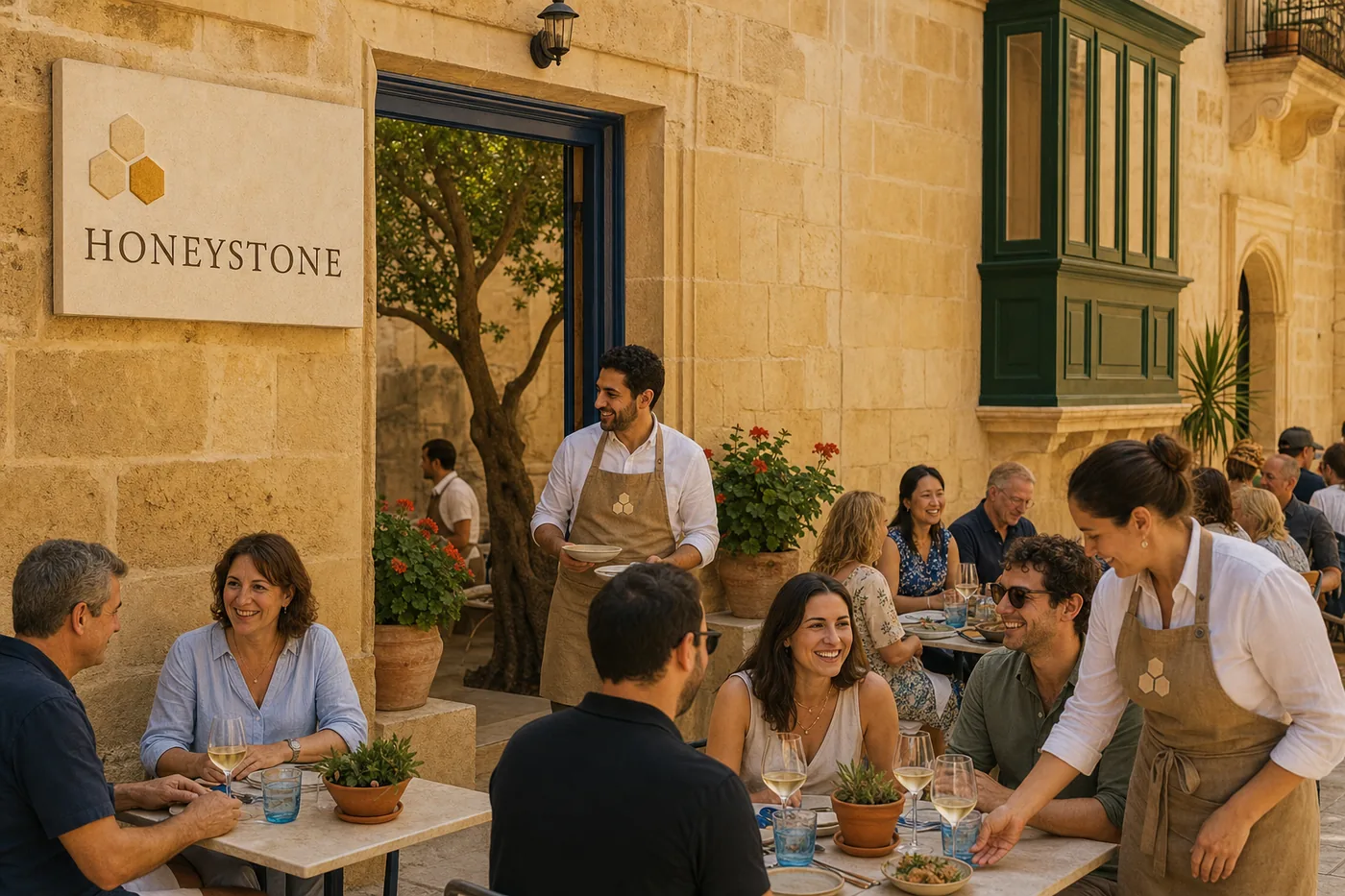 The limestone townhouse in Rabat with a green balcony, a carob tree in the courtyard