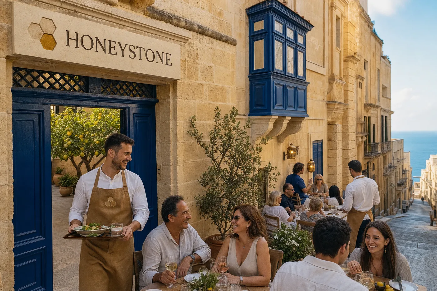 The palazzo on Merchants Street, a blue wooden balcony above the door, guests at tables outside