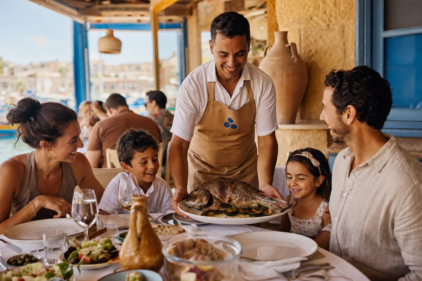 A waiter presents a whole grilled fish to a family, the harbour's boats through the window