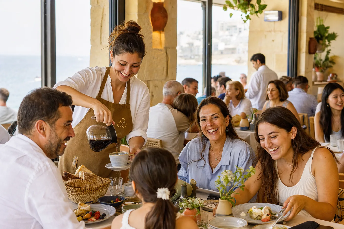 Weekend brunch by large windows onto the sea