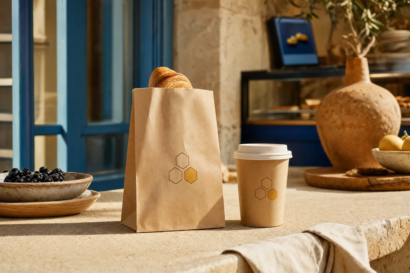 A take-away bag and a coffee cup with the three-hexagon mark