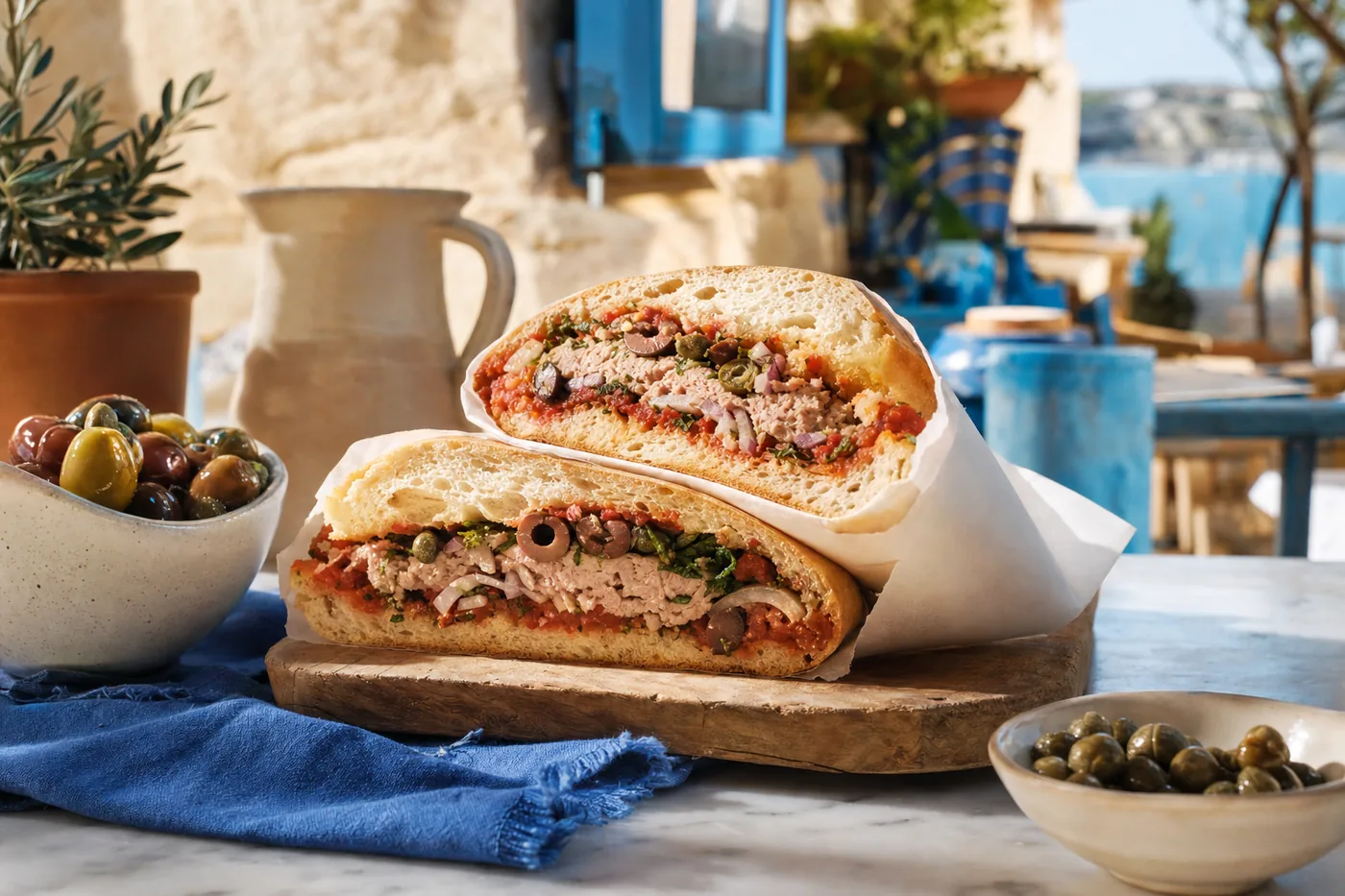 A ftira biż-żejt with tuna, capers and olives, cut in half