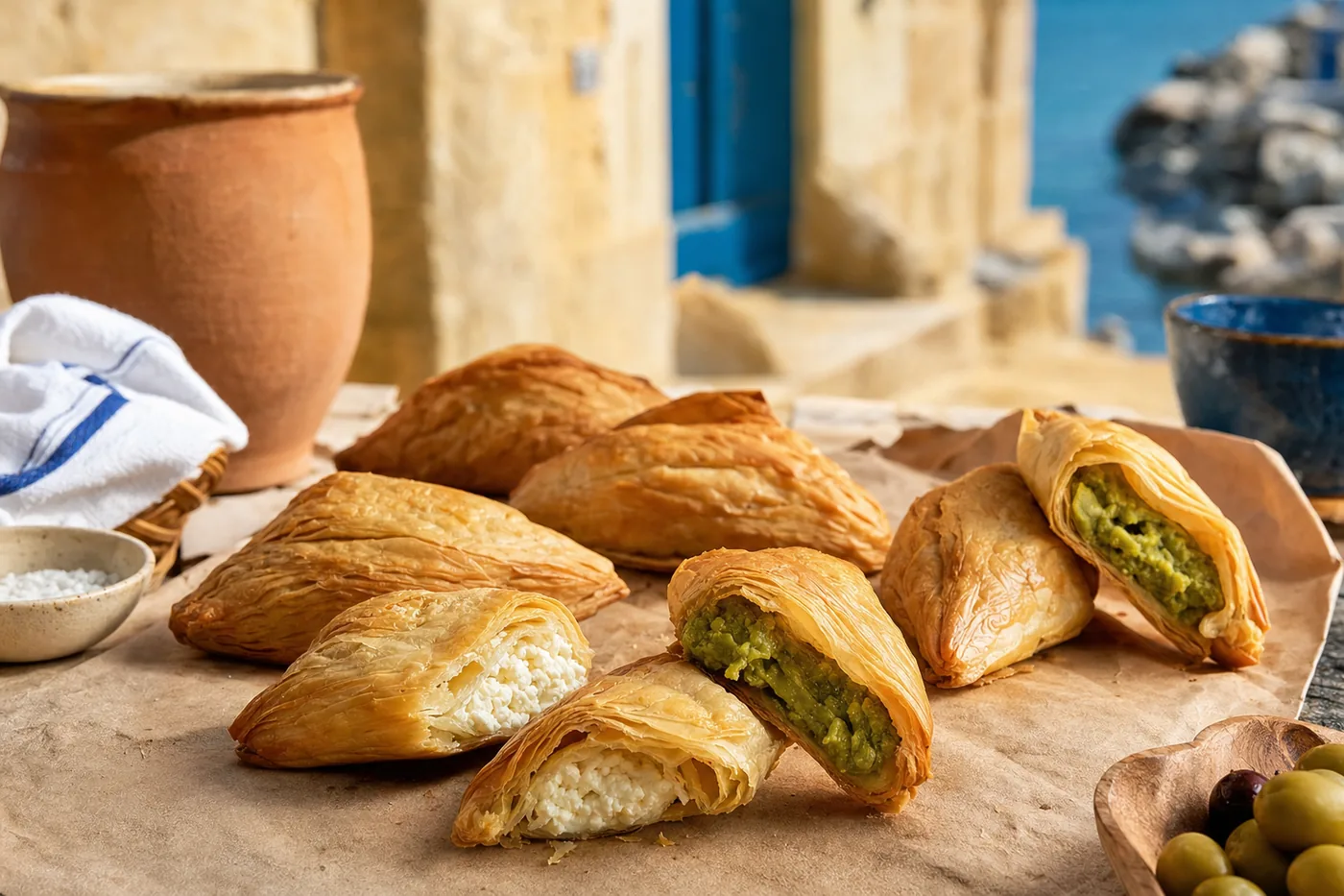 Freshly baked pastizzi, ricotta and peas, on brown paper
