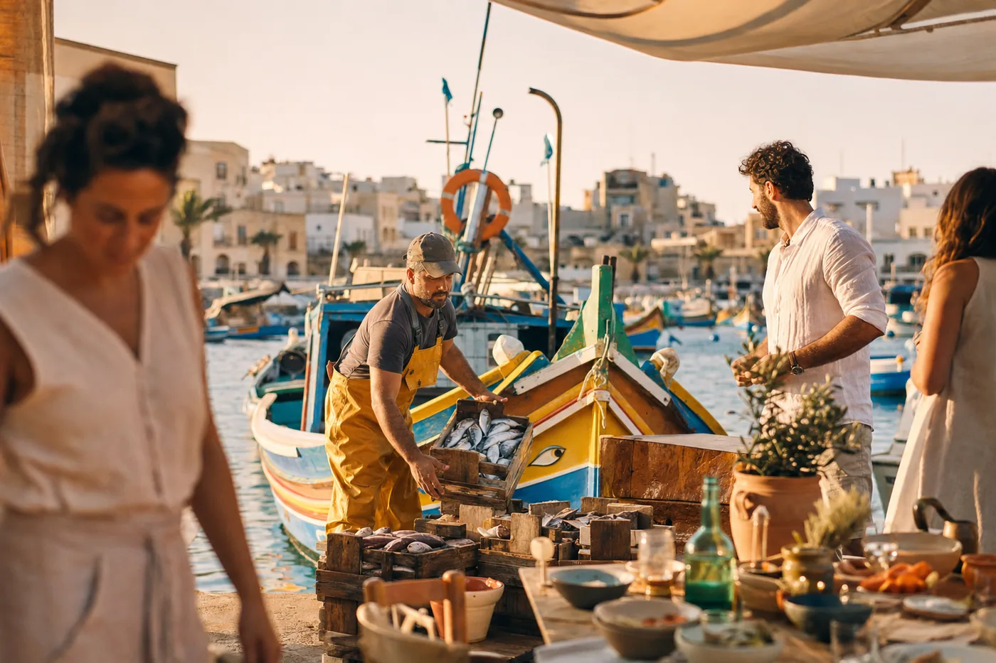 Dawn in Marsaxlokk harbour, fishermen unloading crates from painted boats