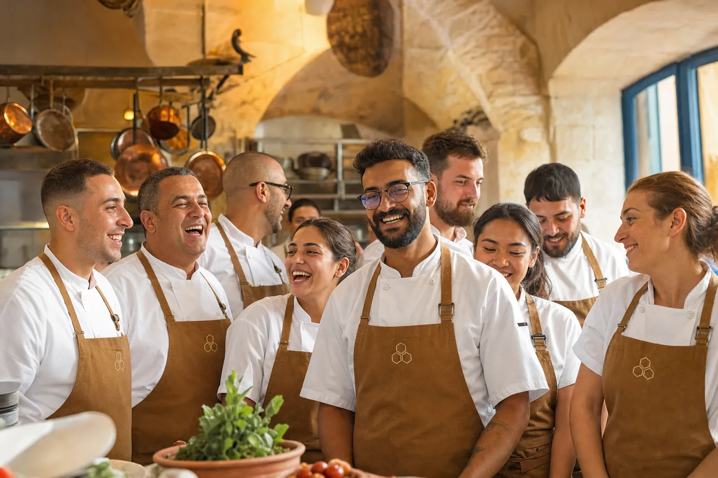 The kitchen brigade in white jackets and honey-brown aprons