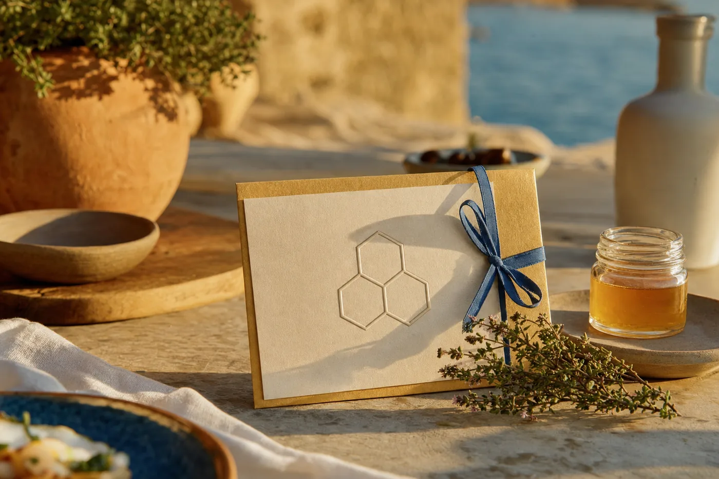 A honey-gold gift voucher with a blue ribbon and a sprig of thyme